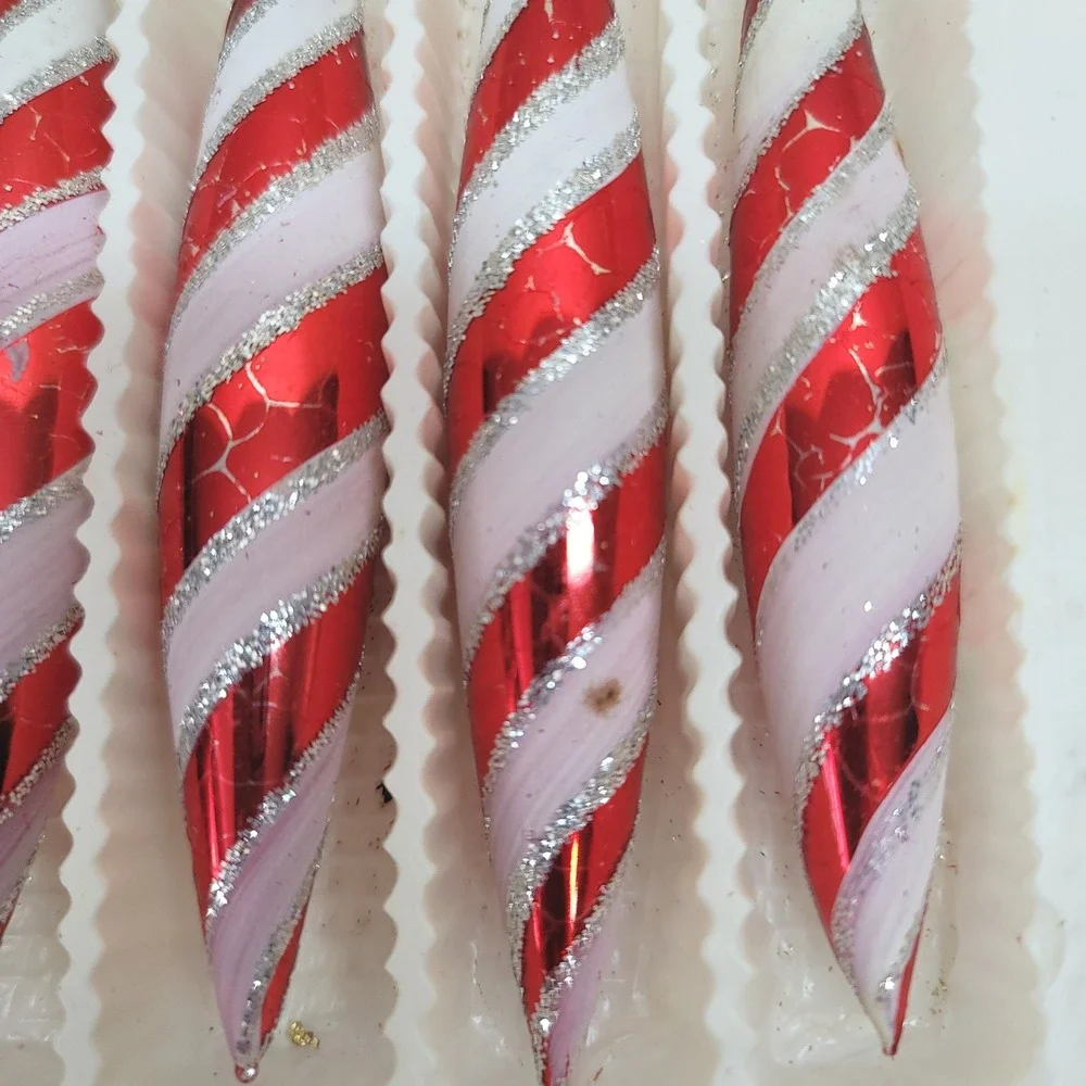 Columbia Red White Candy Cane Striped Glass Icicle Christmas Ornaments Set of 6